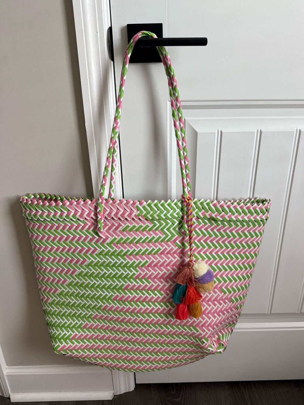Woven Pink & Green Tote Bag with Colorful Tassel